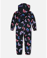 Deux par Deux Big Girls Printed Mid-Season One-Piece Outerwear Multicolored Butterflies On Black Background
