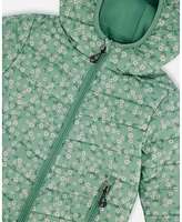 Deux par Baby Girls Printed Quilted Mid-Season Jacket Small White Flowers On Sage Green Background