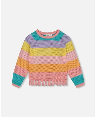 Deux par Toddler Girls Cotton Sweater With Fringe Multicolor Stripes - Toddler|Child