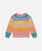 Deux par Toddler Girls Cotton Sweater With Fringe Multicolor Stripes - Toddler|Child