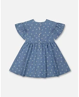 Deux par Toddler Girls Printed Chambray Dress Blue And White Cherries - Toddler|Child