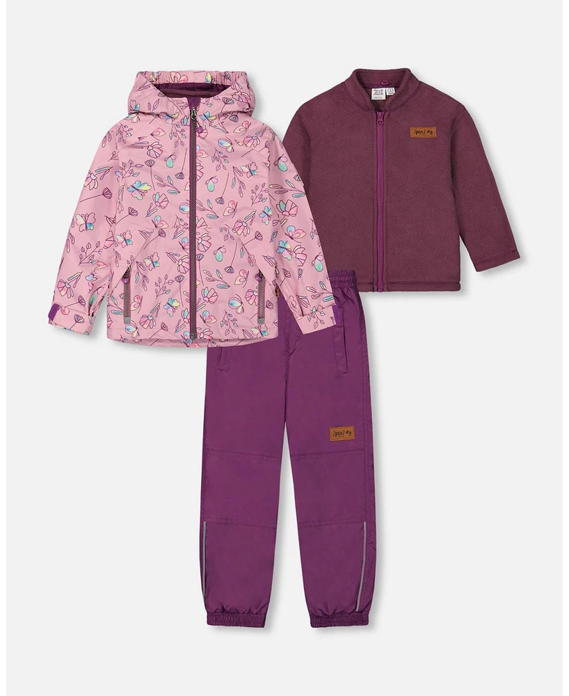 Deux par Baby Girls 3-In-1 Mid-Season Outerwear Set With Printed Jacket Lilac And Multicolored Butterfly