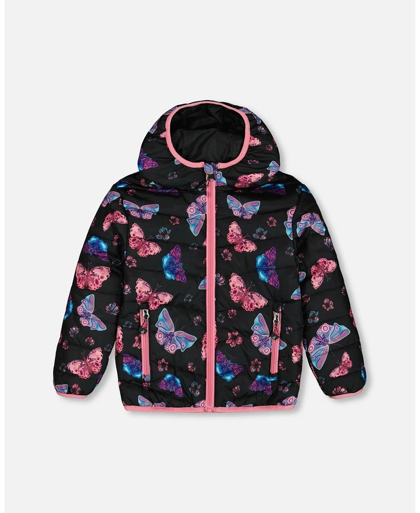 Deux par Toddler Girls Printed Quilted Mid-Season Jacket Multicolored Butterflies On Black Background - Toddler|Child