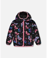 Deux par Toddler Girls Printed Quilted Mid-Season Jacket Multicolored Butterflies On Black Background - Toddler|Child