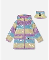 Deux par Big Girls Printed Rain Coat With Hat Mauve Blue And Yellow Glitter Gradient