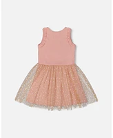 Deux par Toddler Girls Bi-Material Dress With Printed Dots On Mesh Skirt Warm Old Pink - Toddler|Child