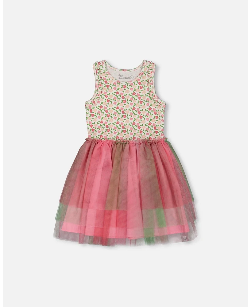 Deux par Big Girls Bi-Material Cotton And Mesh Dress Small Flowers Multicolored Gradient Skirt