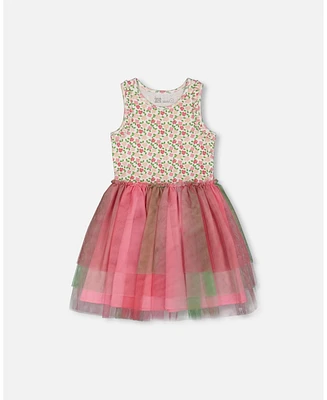 Deux par Big Girls Bi-Material Cotton And Mesh Dress Small Flowers Multicolored Gradient Skirt