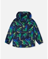 Deux par Boy Printed Packable Windbreaker Blue And Green Dino On Navy - Toddler|Child