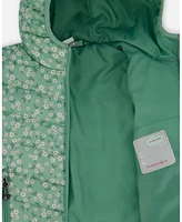 Deux par Big Girls Printed Quilted Mid-Season Jacket Small White Flowers On Sage Green Background