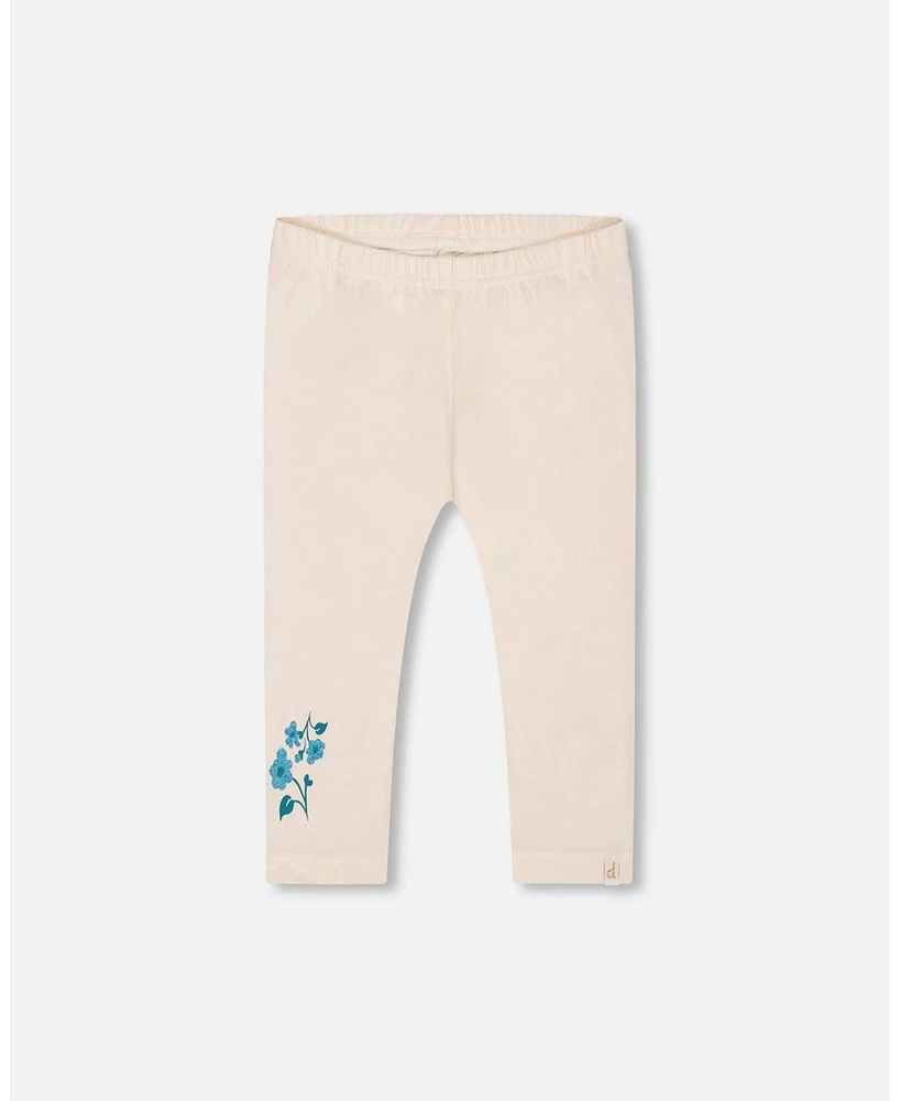 Deux par Baby Girls Organic Cotton Legging Cream With Blue Flowers