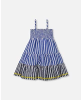 Deux par Toddler Girls Smocked Seersucker Peasant Dress Blue And White Striped - Toddler|Child