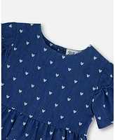 Deux par Toddler Girls Printed Chambray Dress Navy Blue And White Hearts - Toddler|Child