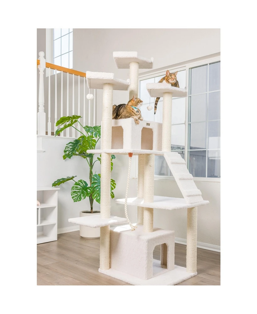 Armarkat B8201 Classic Real Wood Cat Tree In Ivory, Jackson Galaxy Approved, Multi Levels With Ramp, Three Perches, Rope Swing, Two Condos