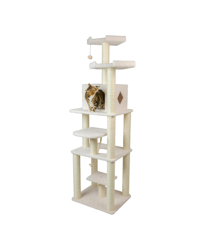 Armarkat B7801 Classic Real Wood Cat Tree In Ivory, Jackson Galaxy Approved, Six Levels With Playhouse and Rope SwIng