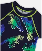 Deux par Baby Boys Short Sleeve Rashguard Blue And Green Dino On Navy