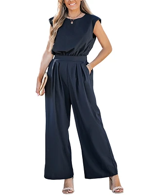 Women's Navy Round Neck Sleeveless Straight Leg Jumpsuit