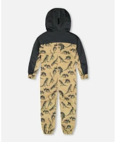 Deux par Big Boys Printed Mid-Season One-Piece Outerwear Black Dinosaur On Beige Background