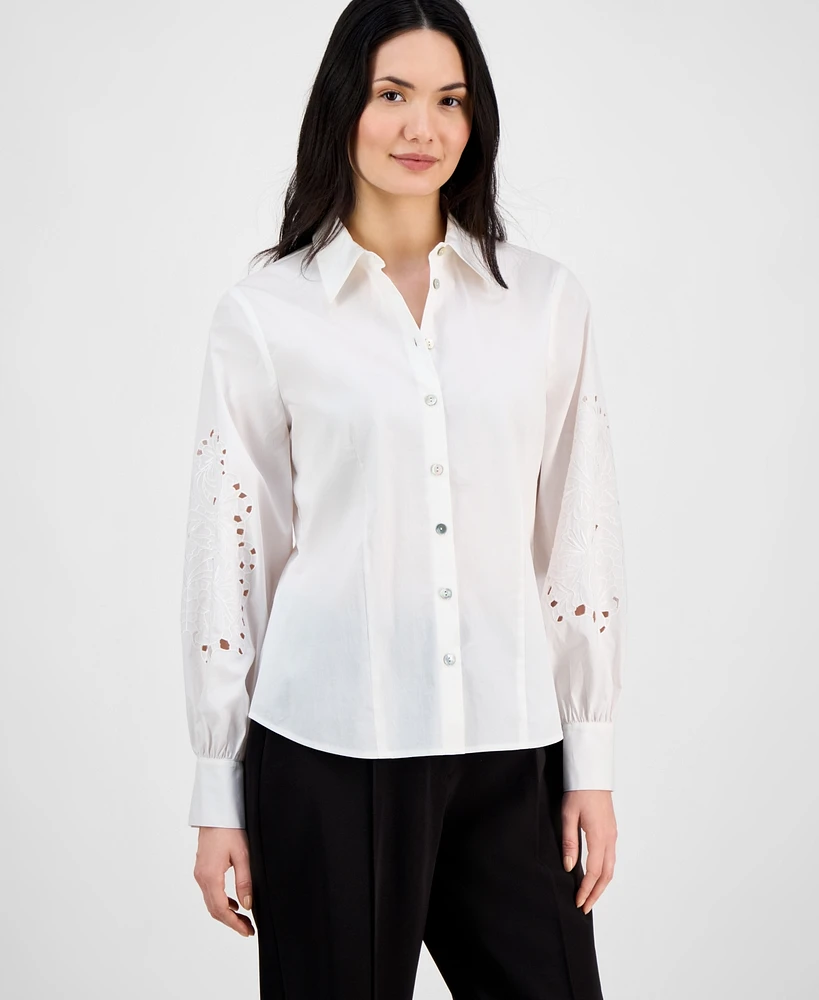 T Tahari Women's Button-Front Embroidered-Sleeve Shirt