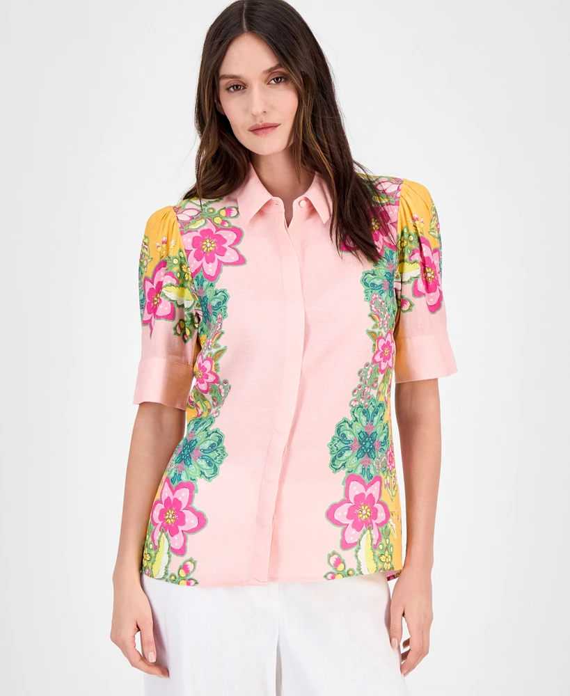 T Tahari Women's Elbow-Sleeve Button-Front Blouse