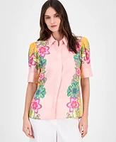 T Tahari Women's Elbow-Sleeve Button-Front Blouse