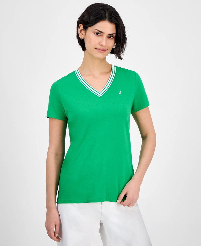 Nautica Jeans Women's Solid Stripe-Trim V-Neck
