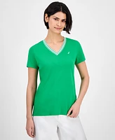 Nautica Jeans Women's Solid Stripe-Trim V-Neck