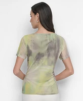 Dkny Women's Printed Surplice-Neck Short-Sleeve Mesh Top