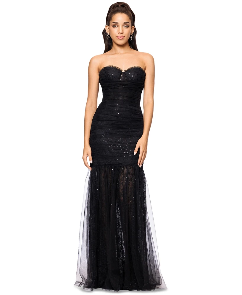 Betsy & Adam Women's Sequined Lace Corset Gown