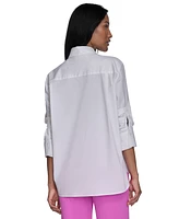 Halston Women's Cotton Collared Ruched-Sleeve Blouse