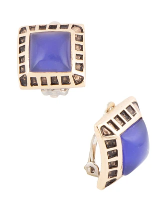 Barse Blue Agate Golden Square Clip Earrings