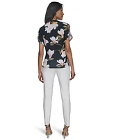 Halston Women's Floral Mock-Neck Butterfly-Sleeve Top