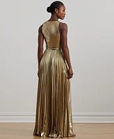 Lauren Ralph Women's Belted Metallic Chiffon Surplice Gown