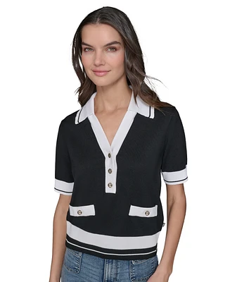 Karl Lagerfeld Paris Petite Short-Sleeve Tipped Polo Sweater