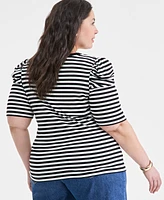 On 34th Trendy Plus Striped Puff-Shoulder Top, Exclusively at Macy's