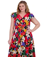 Vince Camuto Plus Floral-Print Flutter-Sleeve Fit & Flare Dress