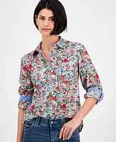 Nautica Jeans Women's Floral-Print Cotton Roll-Tab Shirt