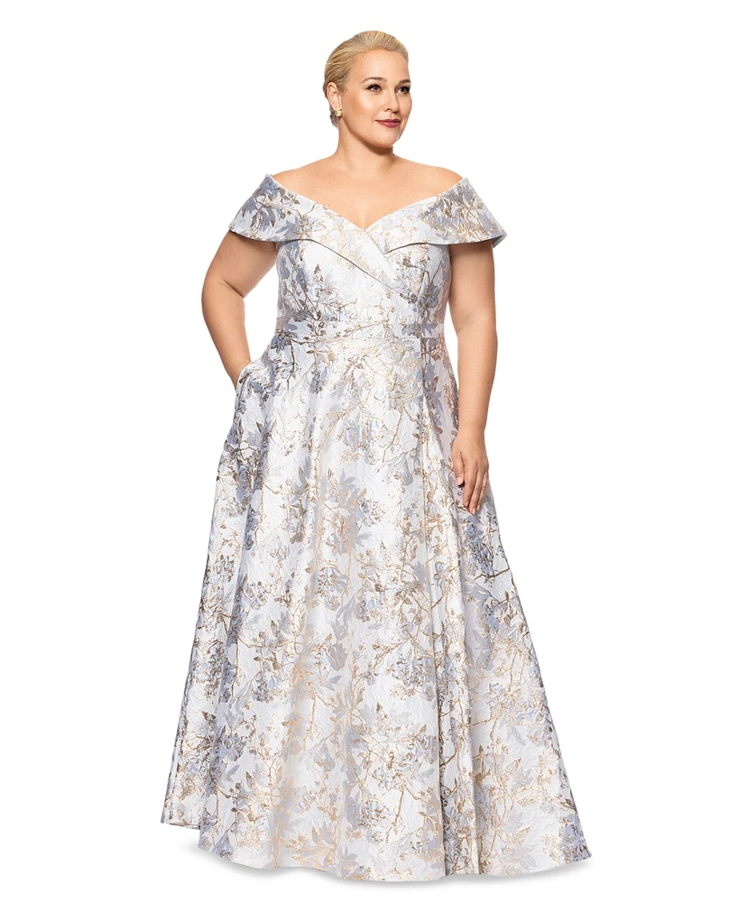 Xscape Plus Off-The-Shoulder Brocade Ball Gown