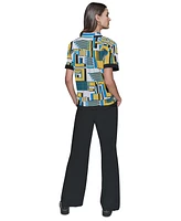 Karl Lagerfeld Paris Women's Abstract-Print Button-Down Short-Sleeve Top