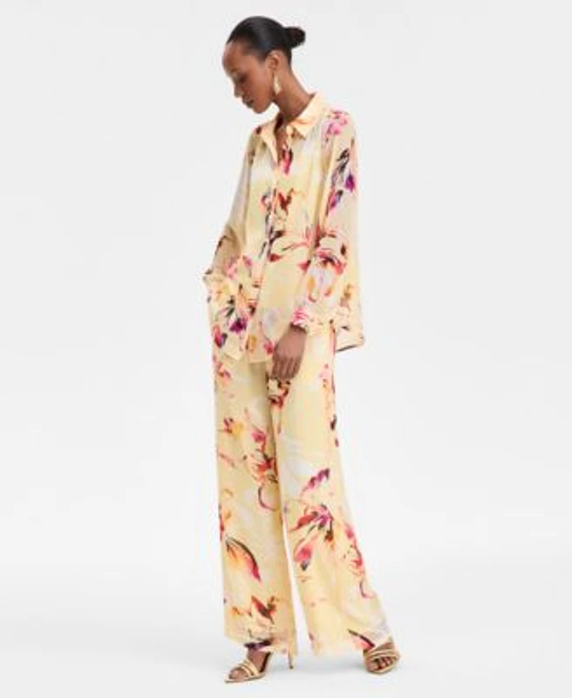 I.N.C. International Concepts Womens Floral Print Relaxed Blouse Floral Crinkle Chiffon Wide Leg Pants Exclusively At Macys