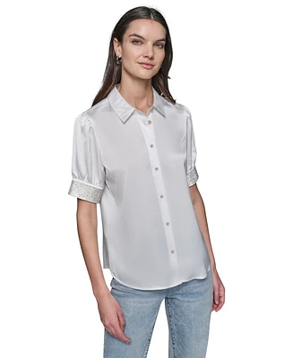Karl Lagerfeld Paris Women's Satin Rhinestone-Cuff Button-Front Top