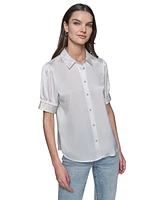 Karl Lagerfeld Paris Women's Satin Rhinestone-Cuff Button-Front Top