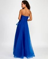 B Darlin Juniors' Asymmetric Drape Strapless Ball Gown