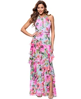 Xscape Women's Floral Chiffon Ruffled Tiered Halter Gown