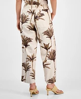 Nautica Jeans Women's Palm-Print Linen-Blend Wide-Leg Pants