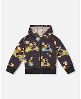 Deux par Big Boys Printed French Terry Hooded Full Zip Cardigan Sweatshirt Monkey On Navy Moped