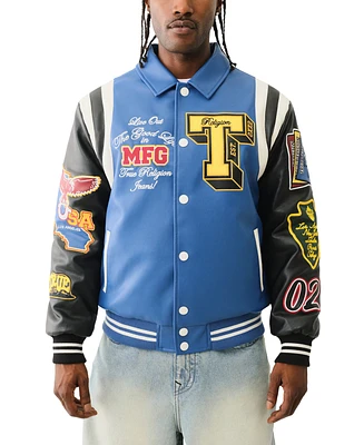 True Religion Men's Faux-Leather Logo-Patch Colorblocked Varsity Jacket