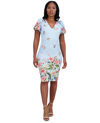 Eliza J Petite Floral Print Puff-Sleeve Sheath Dress