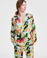 Jm Collection Women's Printed Satin V-Neck Long-Sleeve Top, Exclusively at Macy's