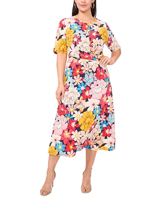 Msk Plus Printed Twist Elbow-Sleeve Midi Dress